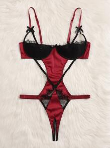 Plus Colourblock Satin Contrast Lace Bow Teddy Bodysuit - Multicolor - View 5