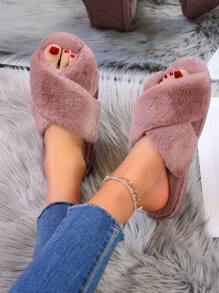Women's Fashionable Light Purple Color Solid Bedroom Slippers With Cross Straps And Fluffy Design - Mauve Purple - View 3