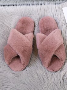 Women's Fashionable Light Purple Color Solid Bedroom Slippers With Cross Straps And Fluffy Design - Mauve Purple - View 5