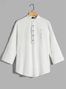 Shein Men Letter Graphic Roll Tab Sleeve Button Half Placket Shirt Shein Asia