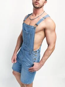 GENTILAND Men Cotton Button Placket Side Patch Pocket Denim Dungaree Romper - Medium Wash - View 2