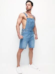 GENTILAND Men Cotton Button Placket Side Patch Pocket Denim Dungaree Romper - Medium Wash - View 3