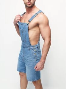 GENTILAND Men Cotton Button Placket Side Patch Pocket Denim Dungaree Romper - Medium Wash - View 4