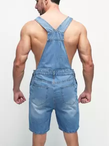 GENTILAND Men Cotton Button Placket Side Patch Pocket Denim Dungaree Romper - Medium Wash - View 6