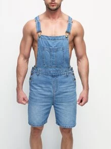 GENTILAND Men Cotton Button Placket Side Patch Pocket Denim Dungaree Romper - Medium Wash - View 7