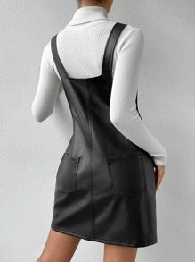 SHEIN Essnce Solid PU Pinafore Dress Without Tee - Black - View 2