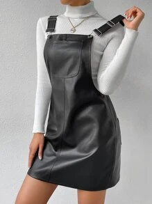 SHEIN Essnce Solid PU Pinafore Dress Without Tee - Black - View 3