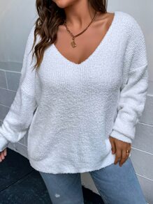 SHEIN Essnce 大碼深V領落肩袖套頭毛衣 - 白色 - 查看 3