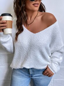 SHEIN Essnce 大碼深V領落肩袖套頭毛衣 - 白色 - 查看 4