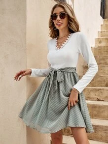 SHEIN Unity Contrast Lace Belted Dress - Multicolor - View 3