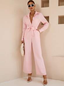 Aveloria Dual Pocket Belted Jumpsuit Workwear - Baby Pink - View 1