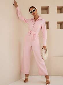 Aveloria Dual Pocket Belted Jumpsuit Workwear - Baby Pink - View 3