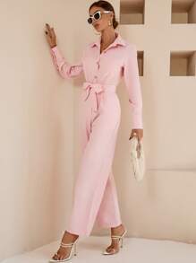 Aveloria Dual Pocket Belted Jumpsuit Workwear - Baby Pink - View 4