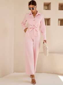 Aveloria Dual Pocket Belted Jumpsuit Workwear - Baby Pink - View 5