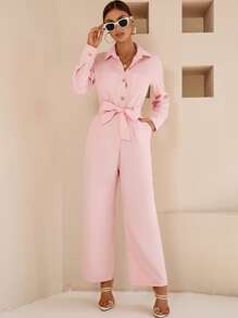 Aveloria Dual Pocket Belted Jumpsuit Workwear - Baby Pink - View 6
