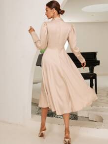 GENKIRA Shawl Collar Puff Sleeve A-line Dress - Apricot - View 2