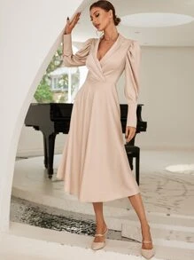 GENKIRA Shawl Collar Puff Sleeve A-line Dress - Apricot - View 3