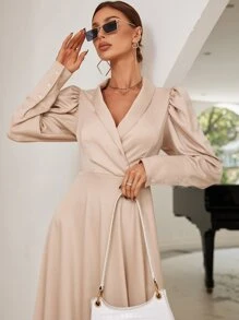 GENKIRA Shawl Collar Puff Sleeve A-line Dress - Apricot - View 5