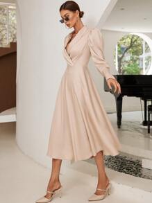 GENKIRA Shawl Collar Puff Sleeve A-line Dress - Apricot - View 6