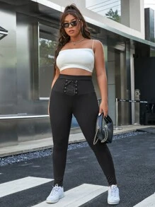 Flirla Plus Lace Up Front Leggings - Black - View 6