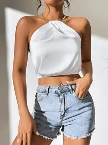 SHEIN Unity Top halter de satén unicolor de espalda abierta - Blanco - Ver 3