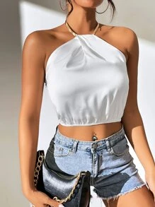 SHEIN Unity Top halter de satén unicolor de espalda abierta - Blanco - Ver 4