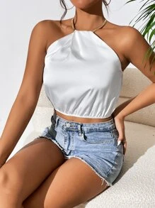 SHEIN Unity Top halter de satén unicolor de espalda abierta - Blanco - Ver 5