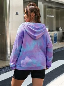 Flirla Plus Drop Shoulder Half Button Tie Dye Hoodie - Multicolor - View 3