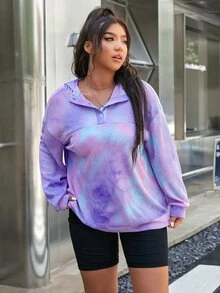 Flirla Plus Drop Shoulder Half Button Tie Dye Hoodie - Multicolor - View 4