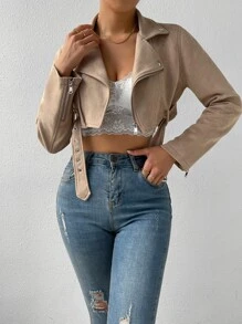 SHEIN Essnce Zip Up Belted Crop Biker Jacket - Khaki - View 1