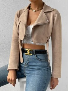 SHEIN Essnce Zip Up Belted Crop Biker Jacket - Khaki - View 3
