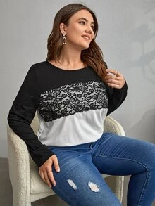 SHEIN LUNE 大碼撞色蕾絲拼接T恤 - 黑與白 - 查看 4