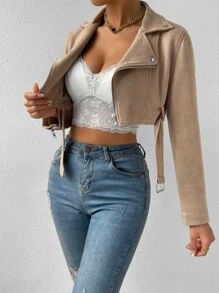 SHEIN Essnce Zip Up Belted Crop Biker Jacket - Khaki - View 5