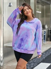 Flirla Plus Drop Shoulder Half Button Tie Dye Hoodie - Multicolor - View 1