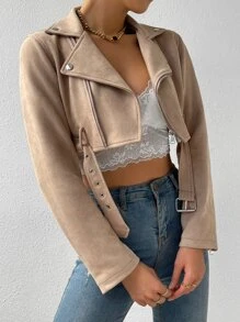 SHEIN Essnce Zip Up Belted Crop Biker Jacket - Khaki - View 6