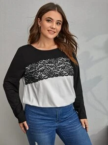 SHEIN LUNE 大碼撞色蕾絲拼接T恤 - 黑與白 - 查看 5