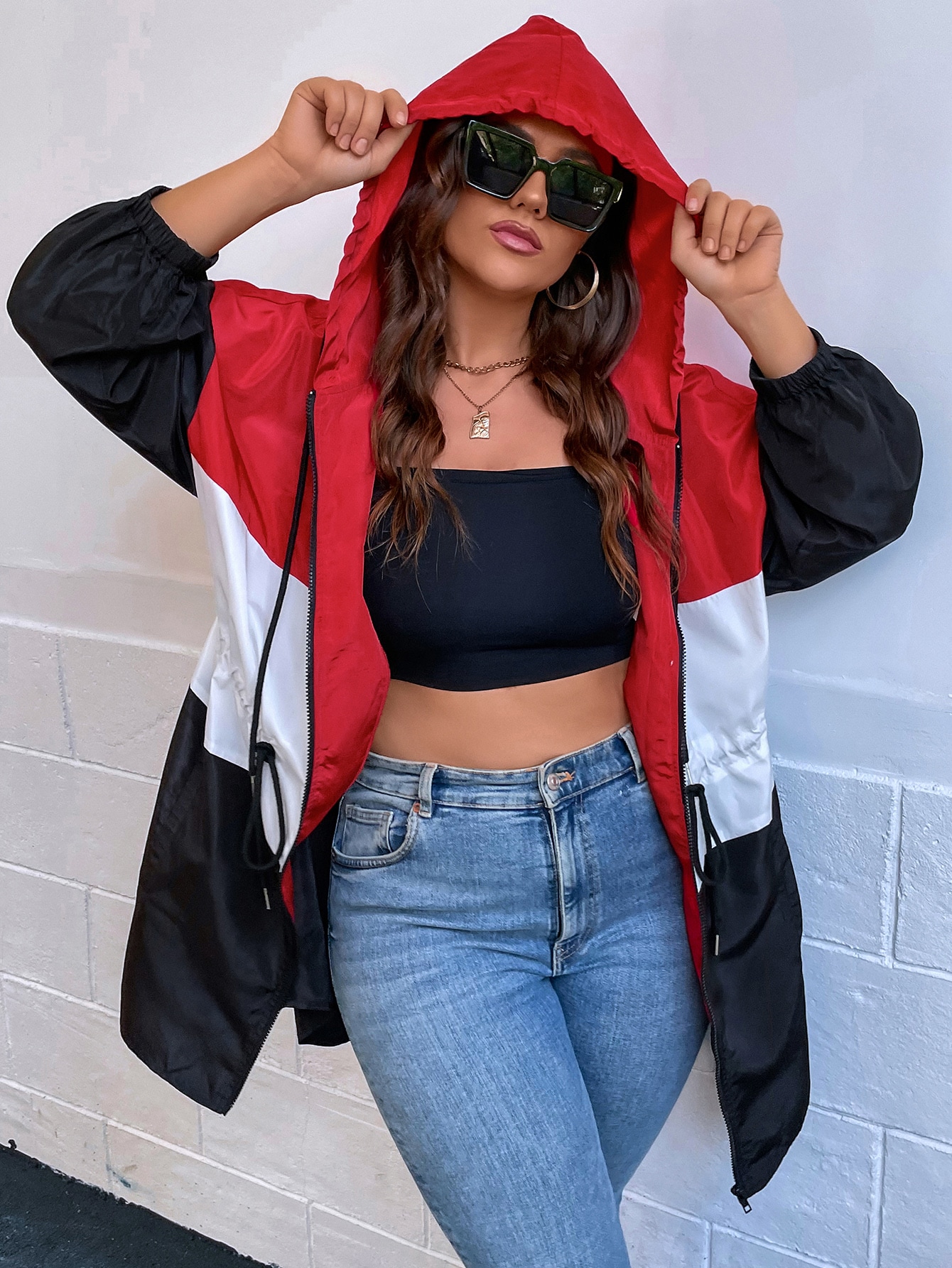 SHEIN EZwear Plus Colorblock Drop Shoulder Drawstring Hooded