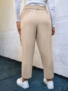 SHEIN EZwear Plus Flap Pocket Belted Cargo Pants - Khaki - View 2