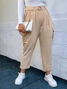SHEIN EZwear Plus Flap Pocket Belted Cargo Pants - Khaki - View 3