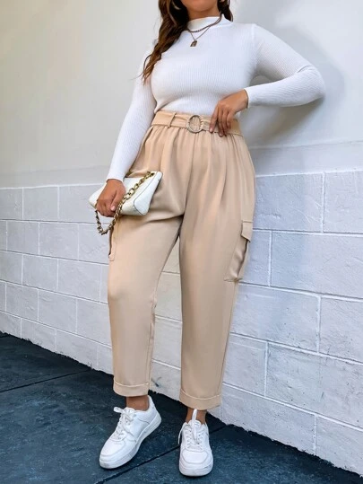 SHEIN EZwear Plus Flap Pocket Belted Cargo Pants