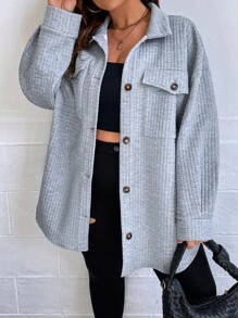 SHEIN EZwear 大碼落肩袖翻蓋口袋外套 - 淺灰色 - 查看 4