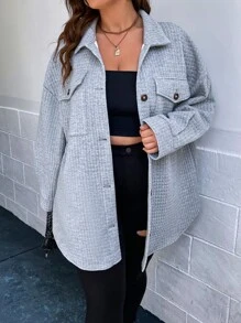 SHEIN EZwear 大碼落肩袖翻蓋口袋外套 - 淺灰色 - 查看 5