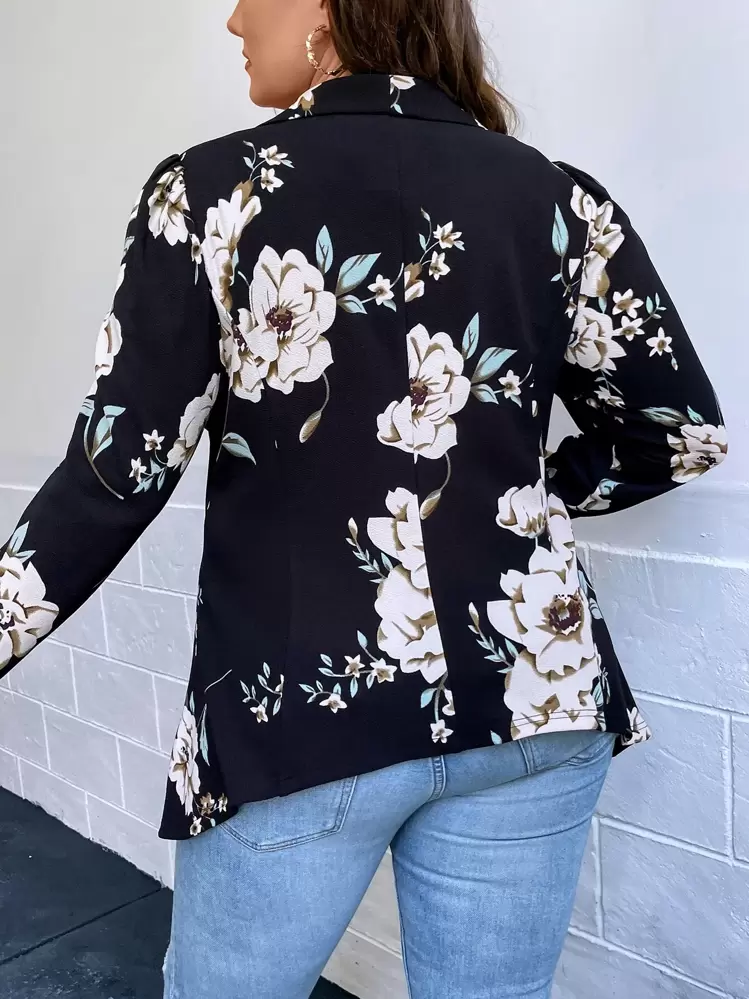 SHEIN Clasi Plus Floral Print Shawl Collar Open Front Blazer In Fall/Winter - Black - View 2