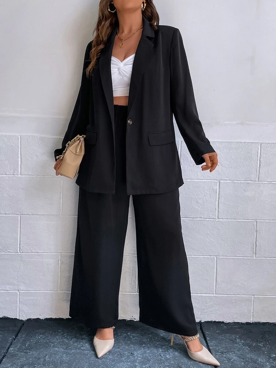 SHEIN Essnce Plus Single Button Blazer & Wide Leg Trousers - Black - View 1