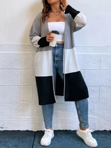 SHEIN LUNE Plus Colourblock Open Front Coat - Grey - View 5