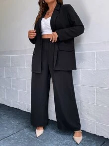 SHEIN Essnce Plus Single Button Blazer & Wide Leg Trousers - Black - View 3