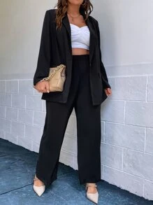 SHEIN Essnce Plus Single Button Blazer & Wide Leg Trousers - Black - View 7