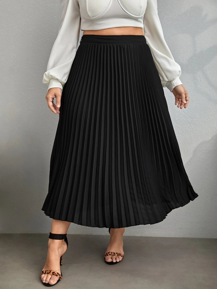 SHEIN Privé Váy Plus Size Xếp li Dây kéo màu trơn Thanh lịch - màu đen - Xem 1