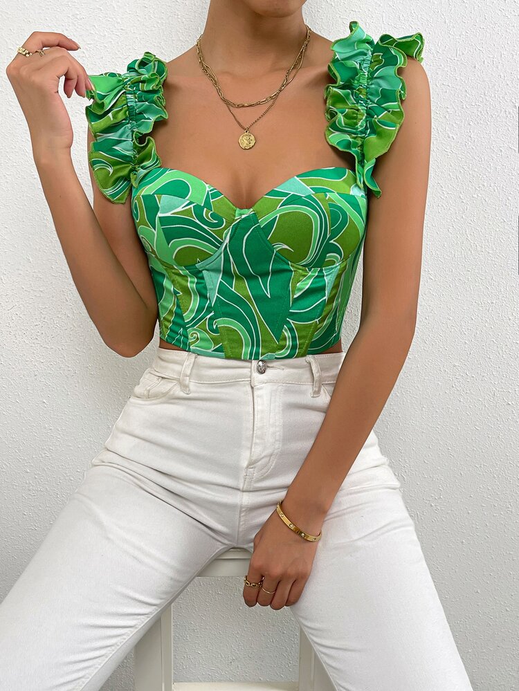 SHEIN Privé Áo crop top hở lưng in họa tiết ren gợi cảm cho nữ - màu xanh lá - Xem 4