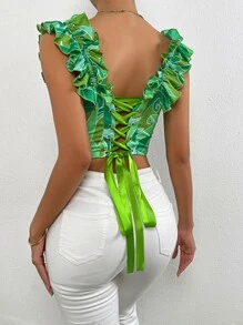 SHEIN Privé Áo crop top hở lưng in họa tiết ren gợi cảm cho nữ - màu xanh lá - Xem 5